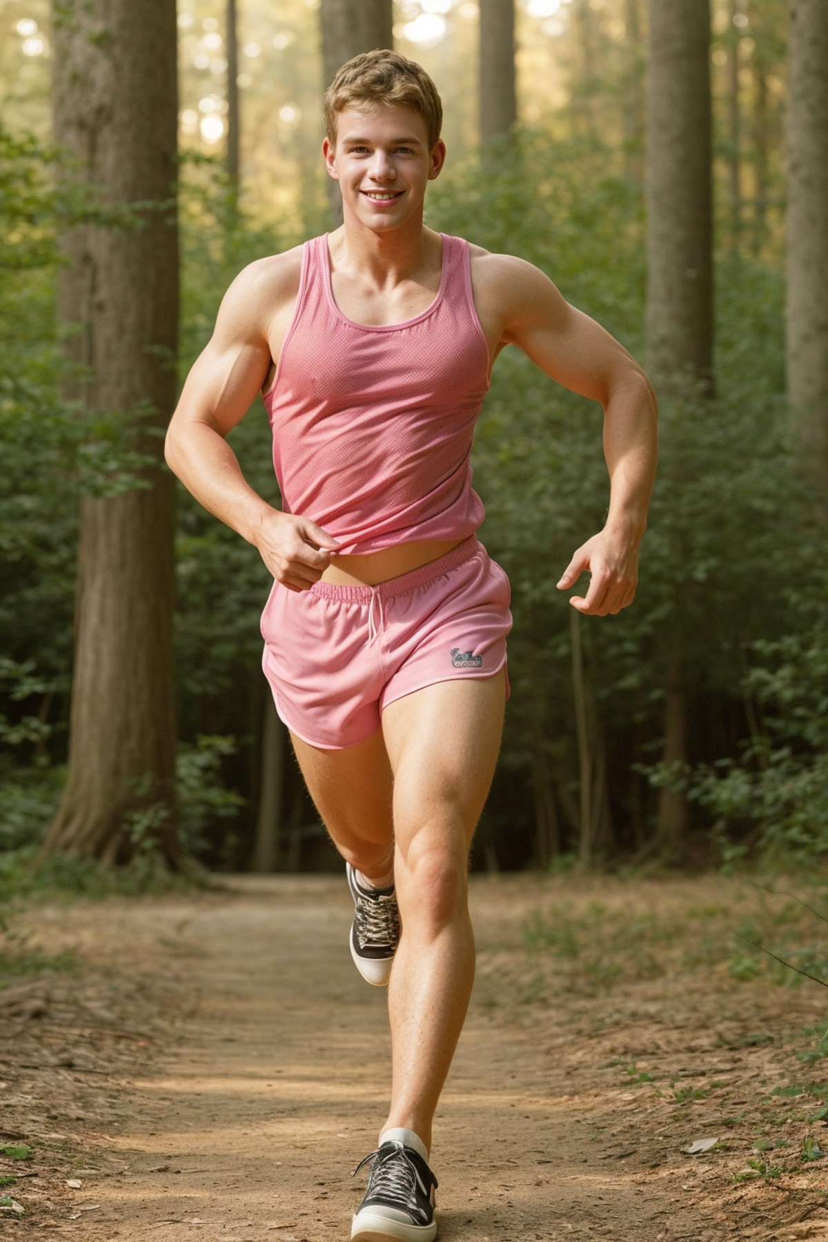 full body, <lora:sebastian_bonnet-06:0.8> seb, photo, wearing a (pink) tank top and compression shorts and running sneaker...